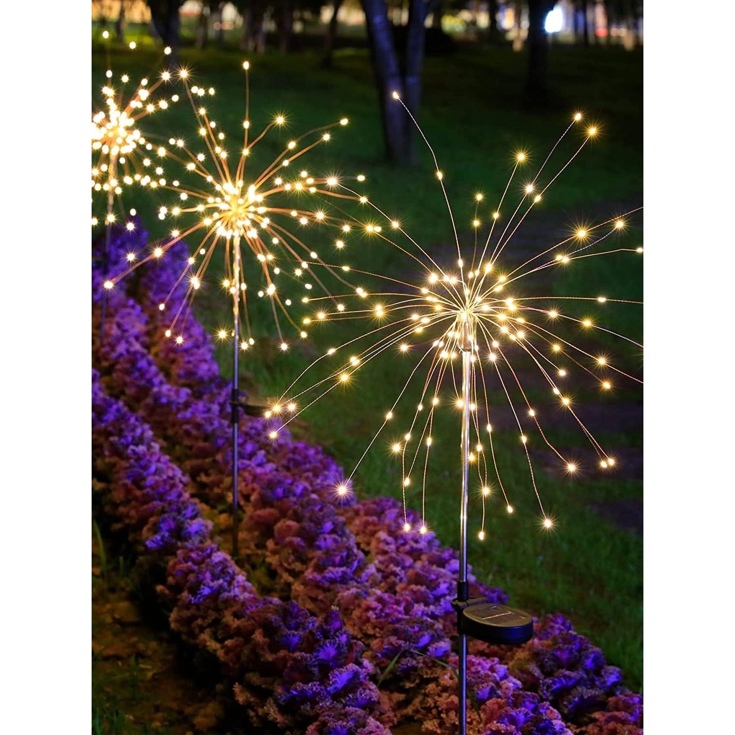 Lampa Solara Decorativa Gradina, Model Artificii Fireworks cu 8 Moduri Iluminare, Sarma Cupru Flexibila, IP55 Impermeabil, 120 LED-uri, 55W, 90 cm, Alb Cald