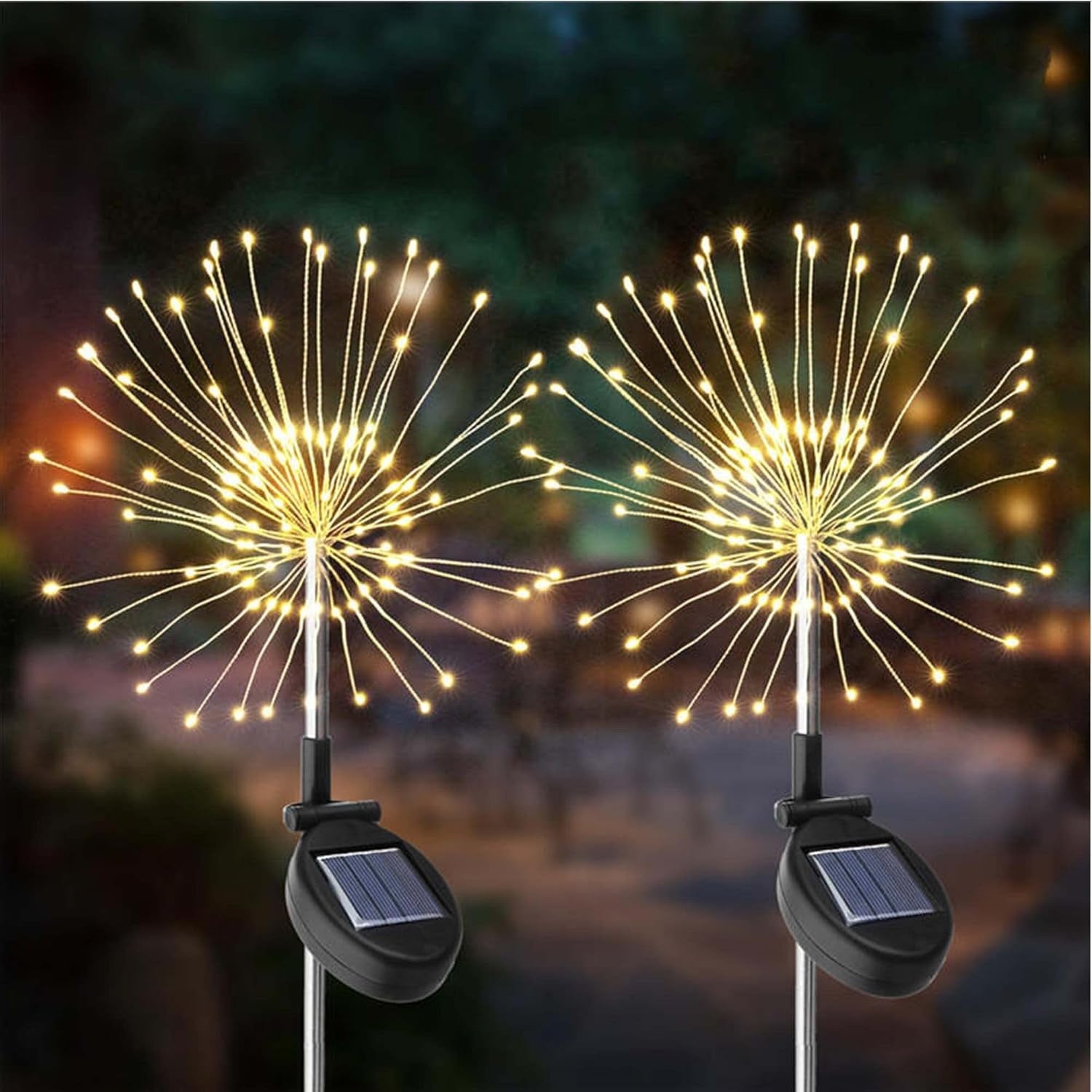 Lampa Solara Decorativa Gradina, Model Artificii Fireworks cu 8 Moduri Iluminare, Sarma Cupru Flexibila, IP55 Impermeabil, 120 LED-uri, 55W, 90 cm, Alb Cald