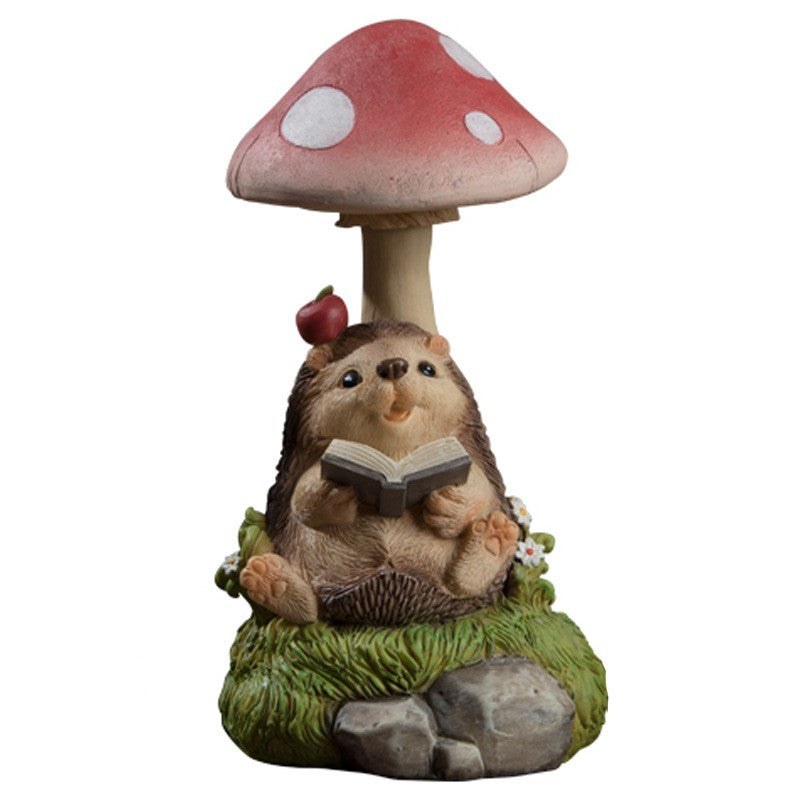Decoratiune Gradina Solara, Figurina Arici Citind sub Ciuperca cu Lumini LED, Rasina Rezistenta la Intemperii, Maro si Rosu, 19.5 x 9.5 x 9.5 cm