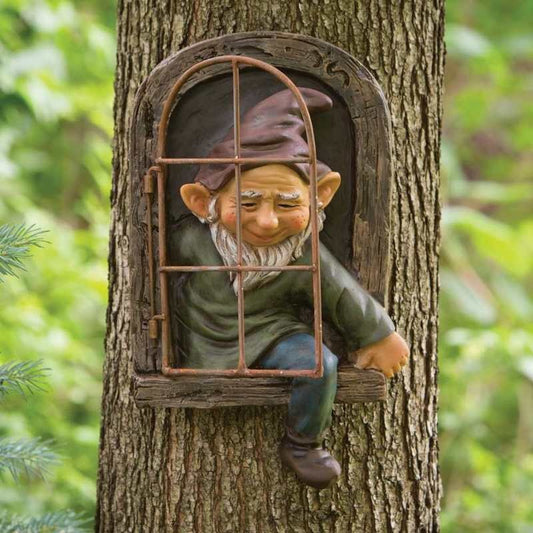 Decoratiune Gradina Model Elf la Fereastra, Statuie Figurina pentru Pom sau Perete, Rasina Rezistenta la Intemperii, 14.5 x 8 x 15 cm, Maro