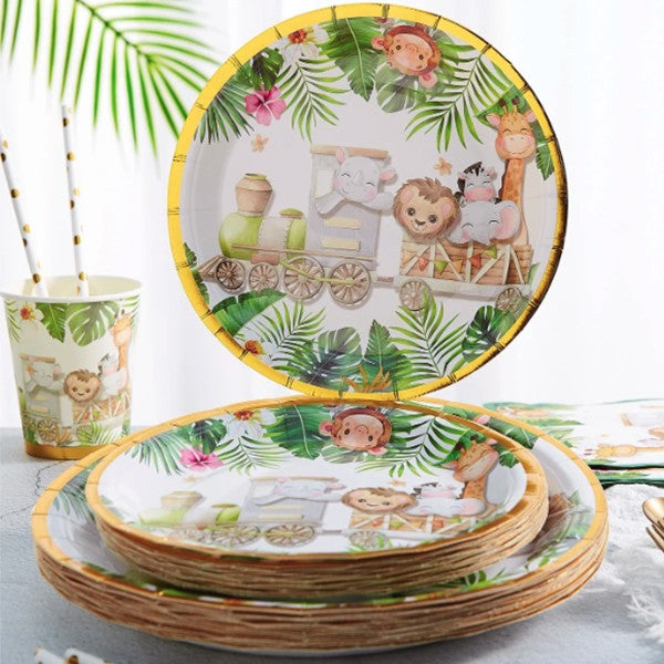 Farfurii de Unica Folosinta pentru Petrecere, Model Safari cu Animale si Margine Aurie, Carton Rezistent, Diametru 23 cm, Set 10 Bucati, Multicolor