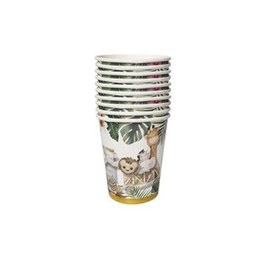 Set 10 Pahare Cartonate pentru Petreceri Copii, Design Safari cu Animale si Margine Aurie, Pahare de Unica Folosinta, Multicolor, 230 ml, 10 Bucati