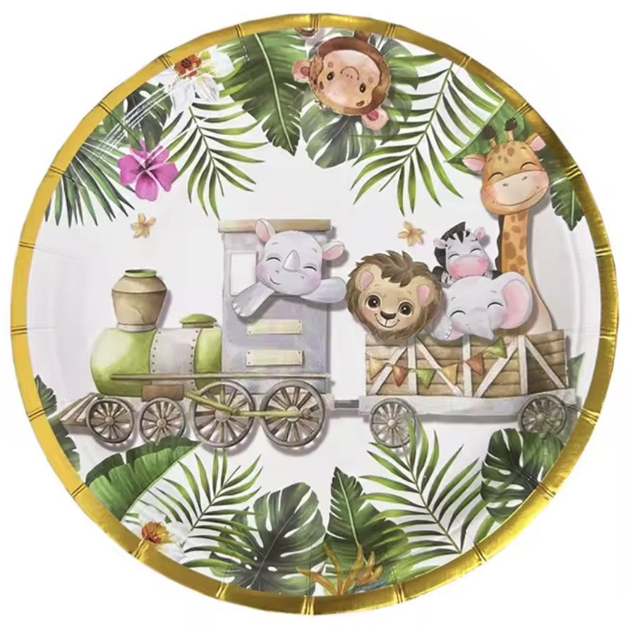 Farfurii Cartonate de Unica Folosinta pentru Petrecere Copii, Model Safari cu Animale si Margine Aurie, Carton Rezistent, 18 cm, Set 10 Bucati, Multicolor
