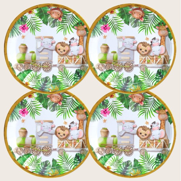 Farfurii Cartonate de Unica Folosinta pentru Petrecere Copii, Model Safari cu Animale si Margine Aurie, Carton Rezistent, 18 cm, Set 10 Bucati, Multicolor