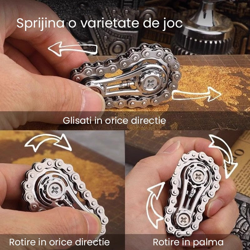 Fidget Spinner Anti Stres, Model Lant De Angrenaj Bicicleta, Aliaj Metal, 6 x 3.5 cm, Argintiu