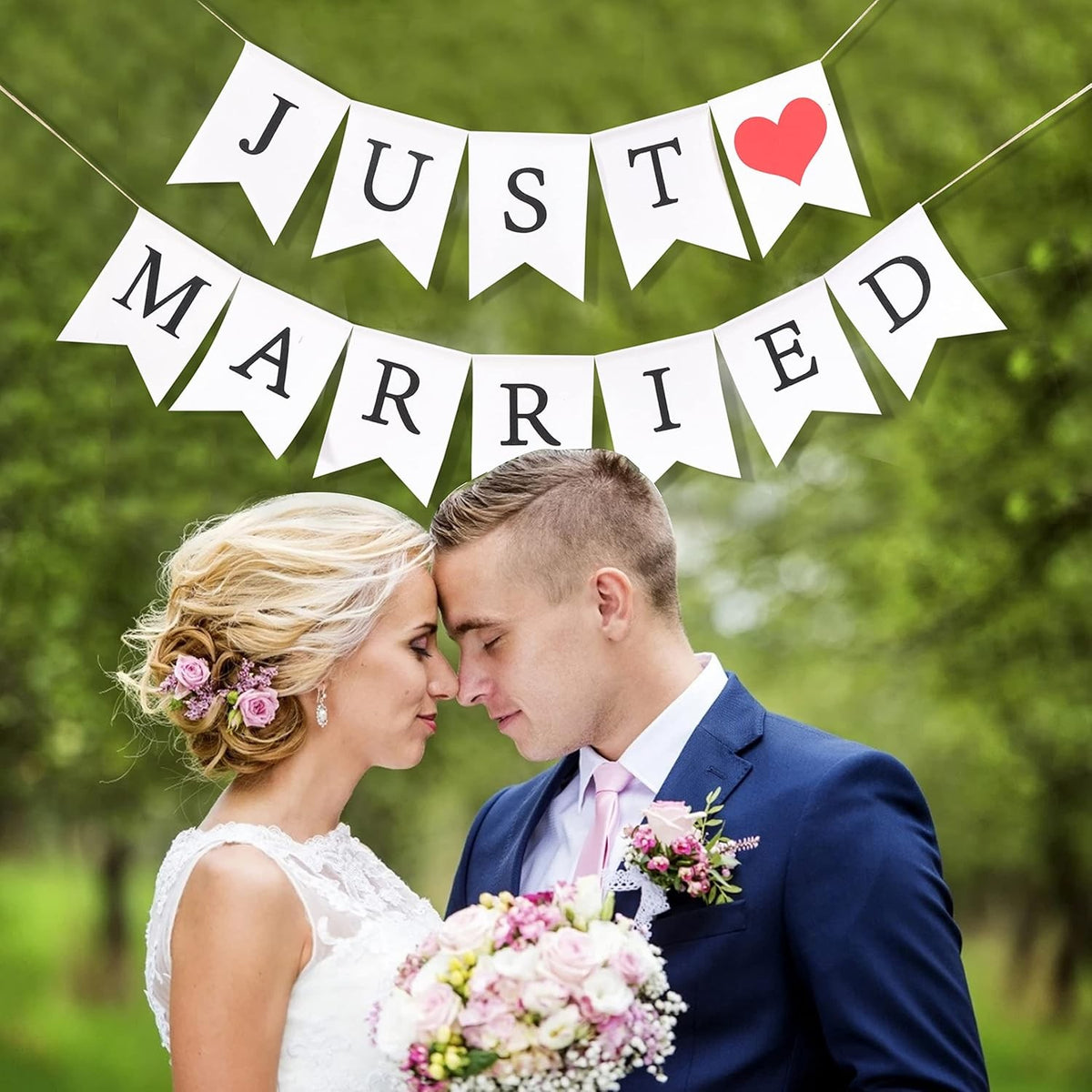 Banner Decorativ Nunta, Model Just Married, Ghirlanda Ornamente Sala si Photo Corner, Carton, Alb-Negru