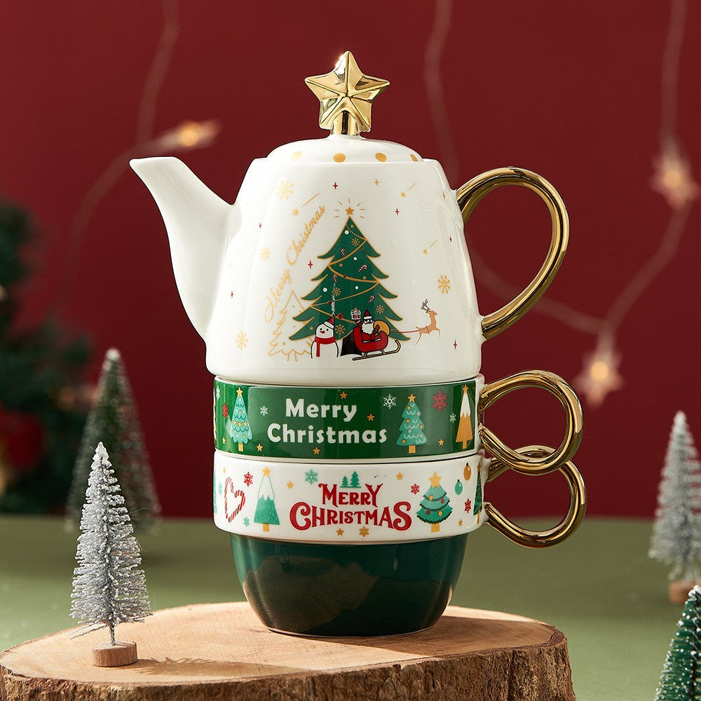 Set De Ceai Craciun Din Ceramica, Model Brad Cu Detalii Aurii, Ceainic 450 ml Si 2 Cani 250 ml, Alb/Verde