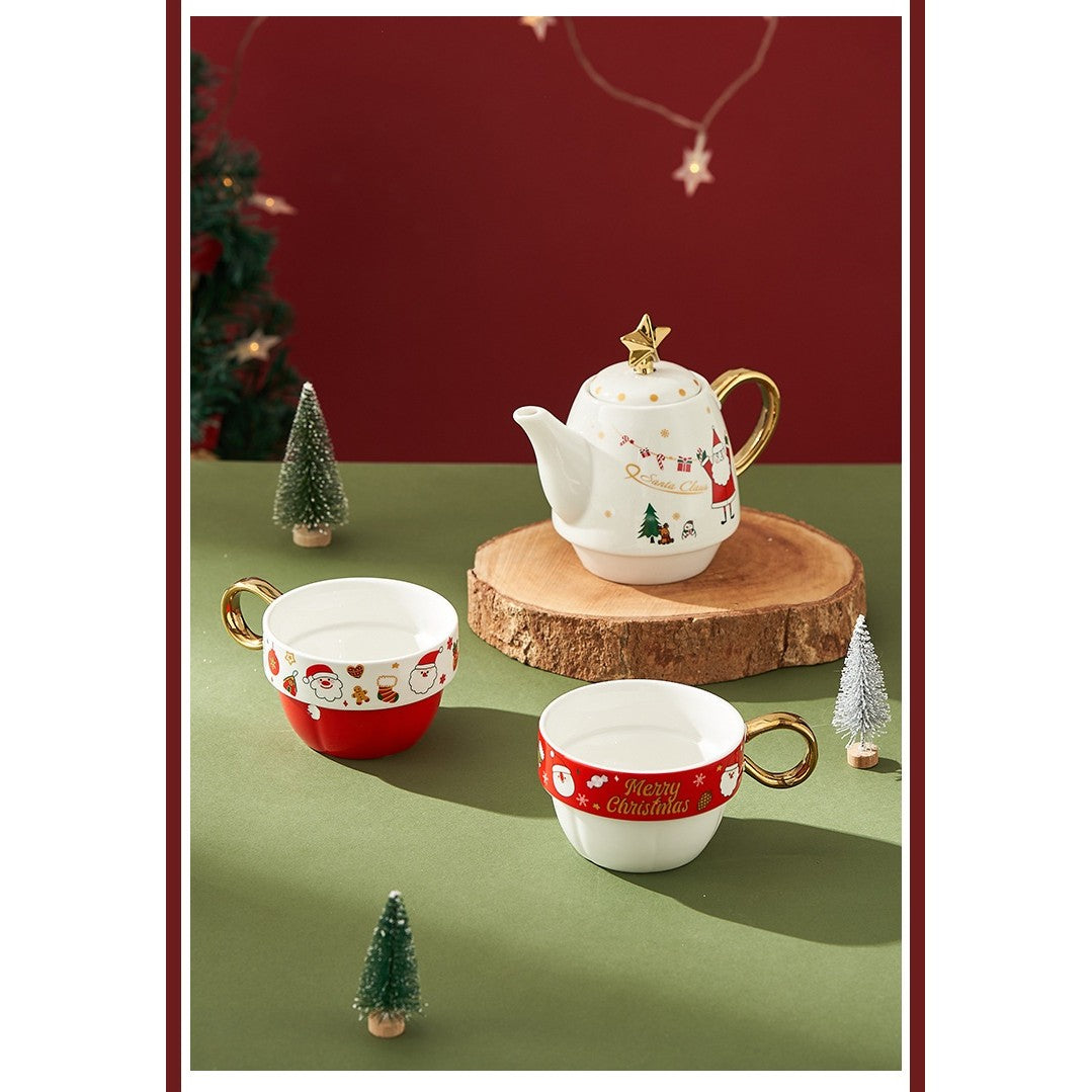 Set De Ceai Tema Craciun Pentru 2 Persoane, Ceainic Cu 2 Cani, Model Mos Craciun Cu Margini Aurite, Ceramica Rezistenta, 3 Piese, Ceainic 450 ml, Cani 250 ml, Alb/Rosu