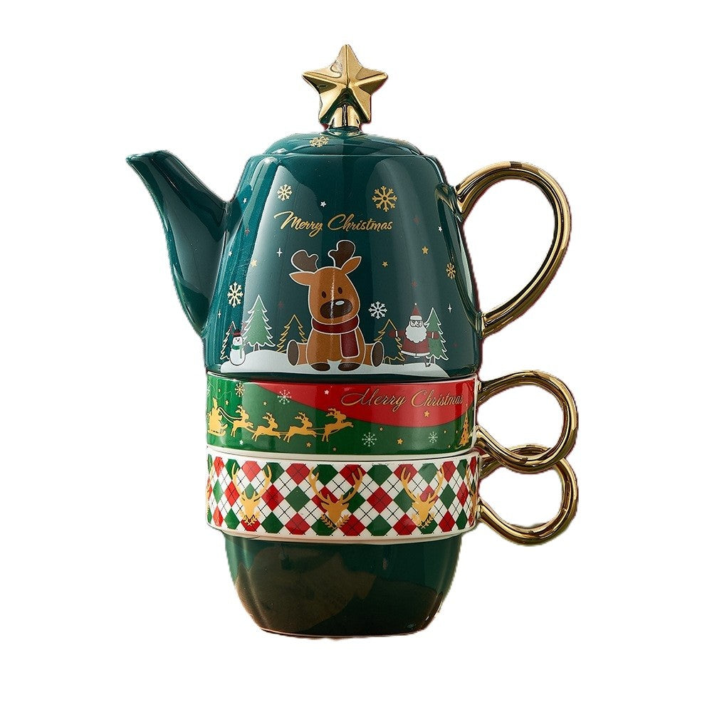 Set Ceai Craciun pentru 2 Persoane, Ceainic 450 ml si 2 Cani 250 ml, Model Ren cu Detalii Aurii, Ceramica Termorezistenta, Verde/Turcoaz