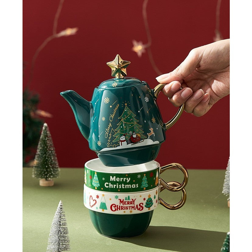 Set De Ceai Craciun Din Ceramica Cu Model Brad, Ceainic 450 ml Si 2 Cani 250 ml, Rezistent La Temperaturi Ridicate, Verde/Turcoaz