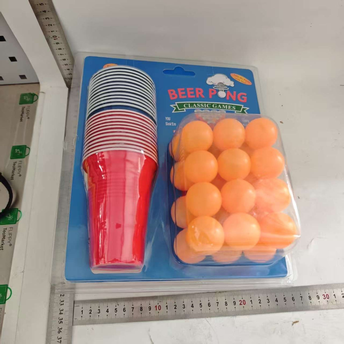 Joc de Baut Beer Pong, Set Interactiv pentru Petreceri Adulti, 24 Pahare Reutilizabile si 24 Mingi de Tenis, Plastic, Albastru Portocaliu