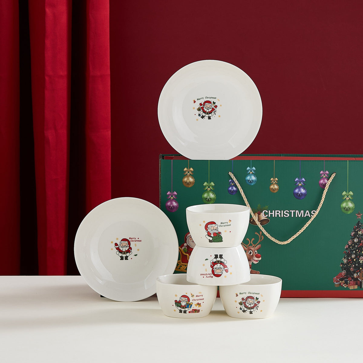 Set Vesela Festiva Craciun, Set Cadou Masa Sarbatori, Din Ceramica, 4 Boluri 300 ml si 2 Farfurii 18 cm, Model 2, Multicolor, 6 Piese