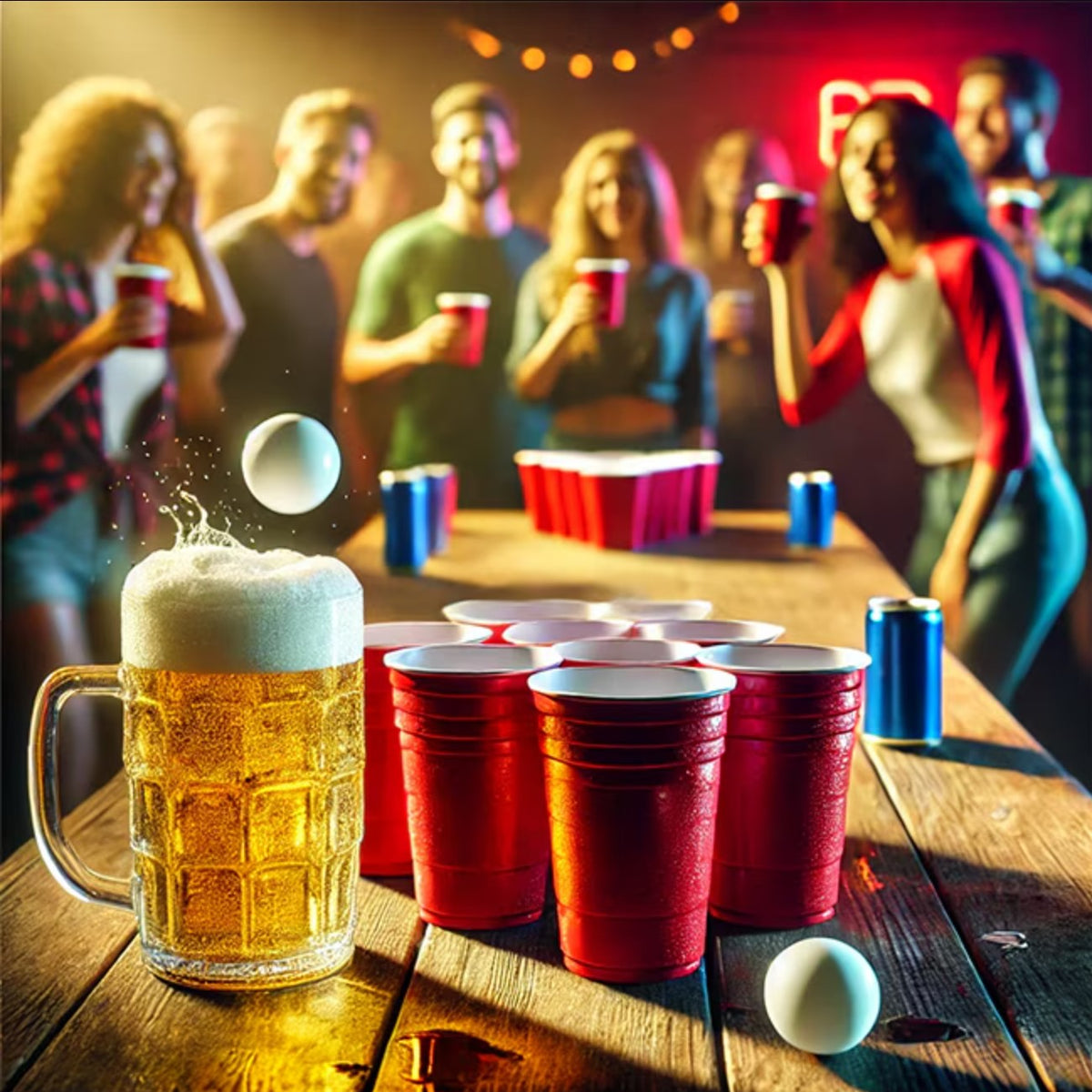 Joc de Baut Beer Pong, Set Interactiv de Petrecere pentru Adulti, Pahare Reutilizabile si Mingi de Tenis, Plastic, 24 Piese, Rosu si Albastru