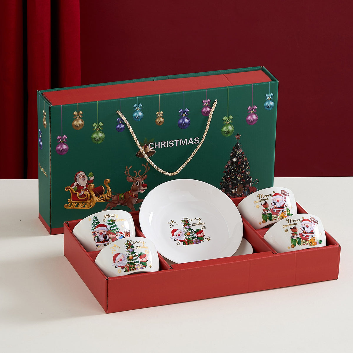 Set Vesela Festiva Craciun, Set Cadou Mese Festive, Ceramica, 4 Boluri 300 ml si 2 Farfurii 18 cm, Model 3, Multicolor, 6 Piese