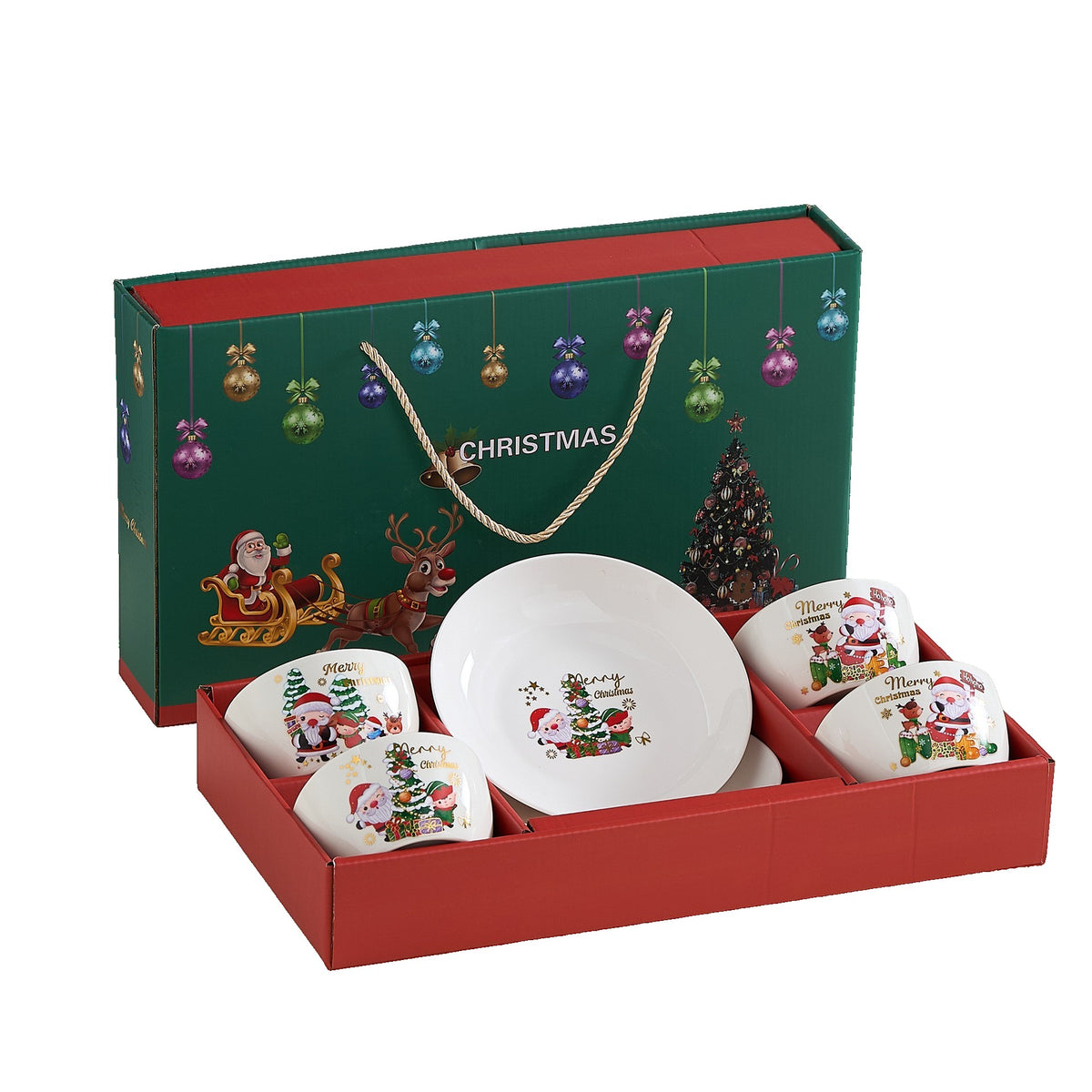Set Vesela Festiva Craciun, Set Cadou Mese Festive, Ceramica, 4 Boluri 300 ml si 2 Farfurii 18 cm, Model 3, Multicolor, 6 Piese