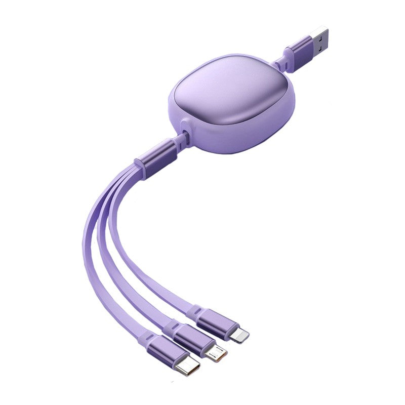 Cablu Retractabil Universal 3in1 pentru Incarcare Telefon, Conectori USB-C, Lightning si Micro USB, Design Extensibil Portabil, Lungime 1.2m, Mov