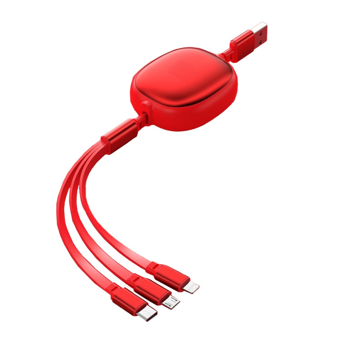 Cablu Incarcare Retractabil Universal 3in1, Conectori USB-C, Micro USB si Lightning, Design Extensibil Portabil, Lungime 1.2M, Rosu