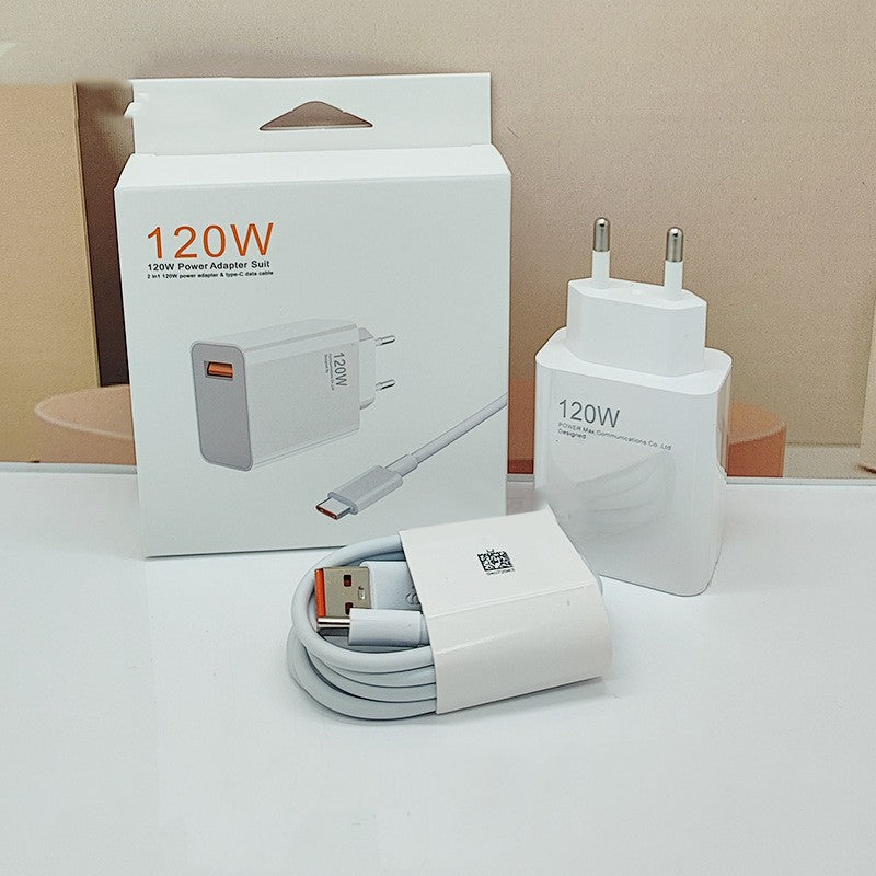 Incarcator Retea Super Charge 120W, Incarcare Rapida Fast Charge, Adaptor Priza USB-A si Cablu USB-C 1m, Alb