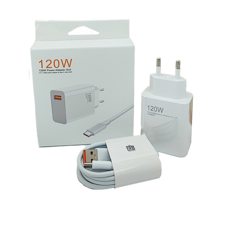 Incarcator Retea Super Charge 120W, Incarcare Rapida Fast Charge, Adaptor Priza USB-A si Cablu USB-C 1m, Alb