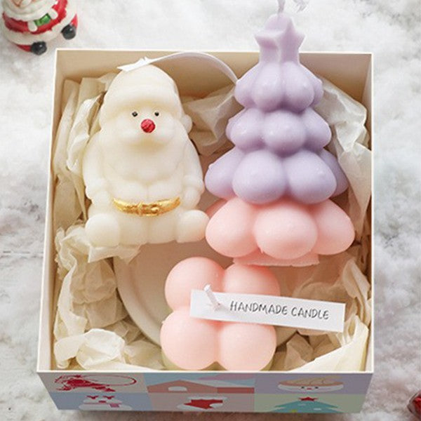 Set Lumanari Parfumate De Craciun Si Aromaterapie, Lumanari Artizanale Handmade Turnate Manual, Design Festive Pastel, Cutie Cadou Premium, 3 Bucati, Mov Si Roz, 11 x 11 x 7.5 cm