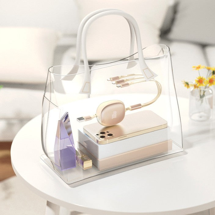 Cablu Incarcare Retractabil Universal 3in1, Conectori USB-C, Lightning si Micro-USB, Design Extensibil Portabil, Lungime 1.2m, Bej