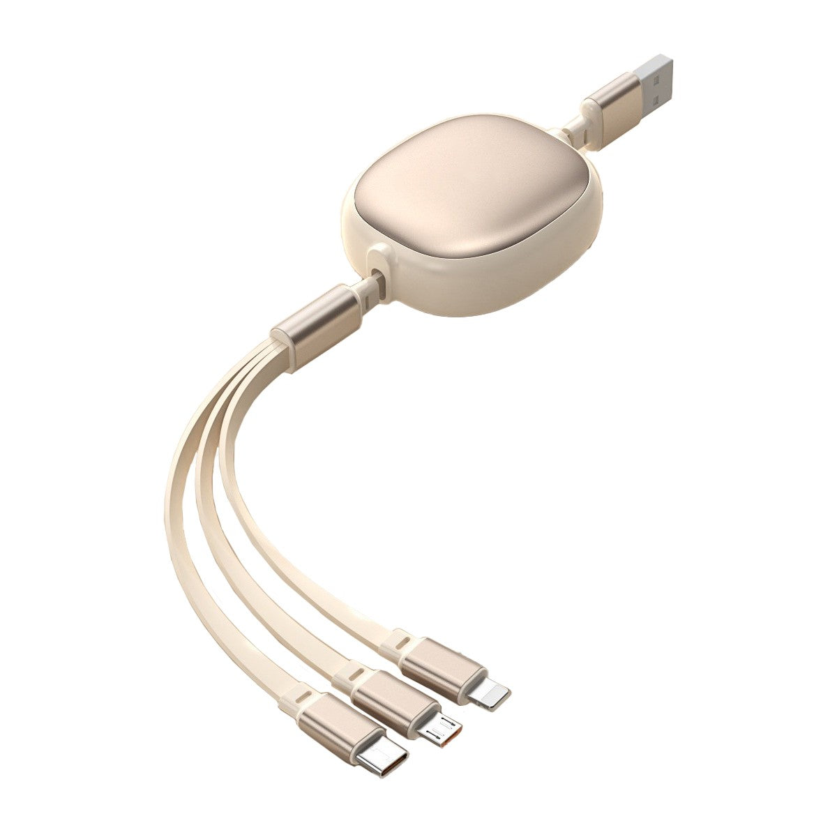 Cablu Incarcare Retractabil Universal 3in1, Conectori USB-C, Lightning si Micro-USB, Design Extensibil Portabil, Lungime 1.2m, Bej