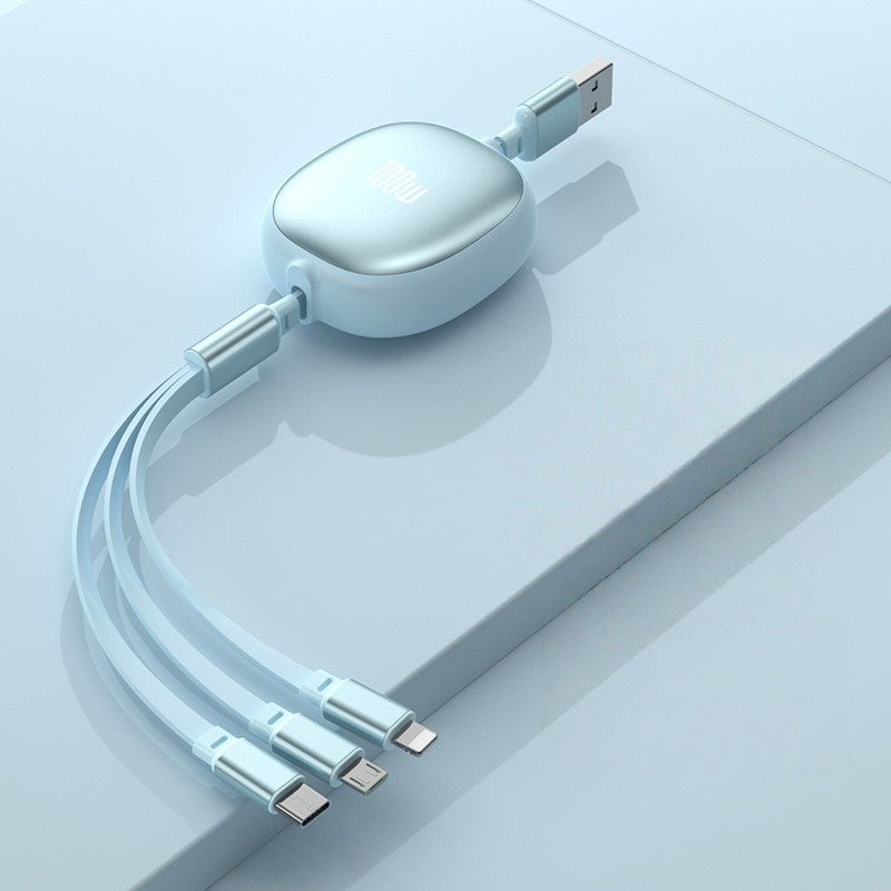 Cablu Incarcare Retractabil Universal 3in1, Conectori Lightning, USB-C si Micro-USB, Design Extensibil Portabil, Lungime 1.2M, Albastru Deschis