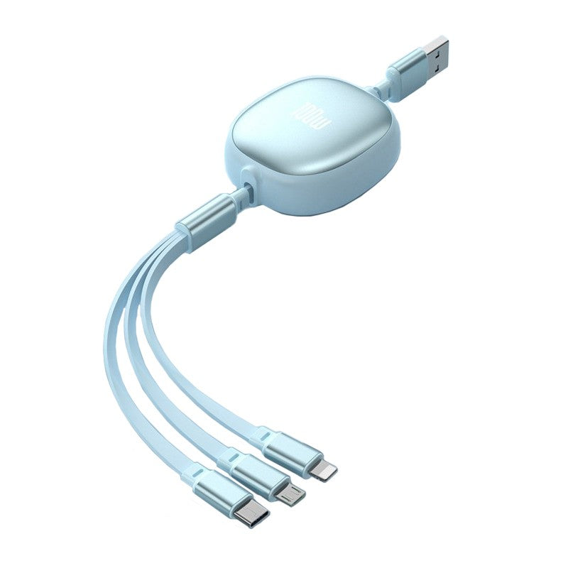 Cablu Incarcare Retractabil Universal 3in1, Conectori Lightning, USB-C si Micro-USB, Design Extensibil Portabil, Lungime 1.2M, Albastru Deschis