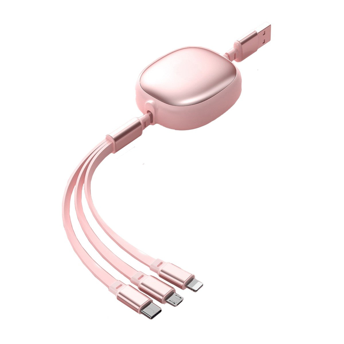 Cablu Incarcare Telefon 3 in 1, Retractabil, Conectori USB Type-C, Micro-USB si Lightning, Lungime 1.2M, Roz
