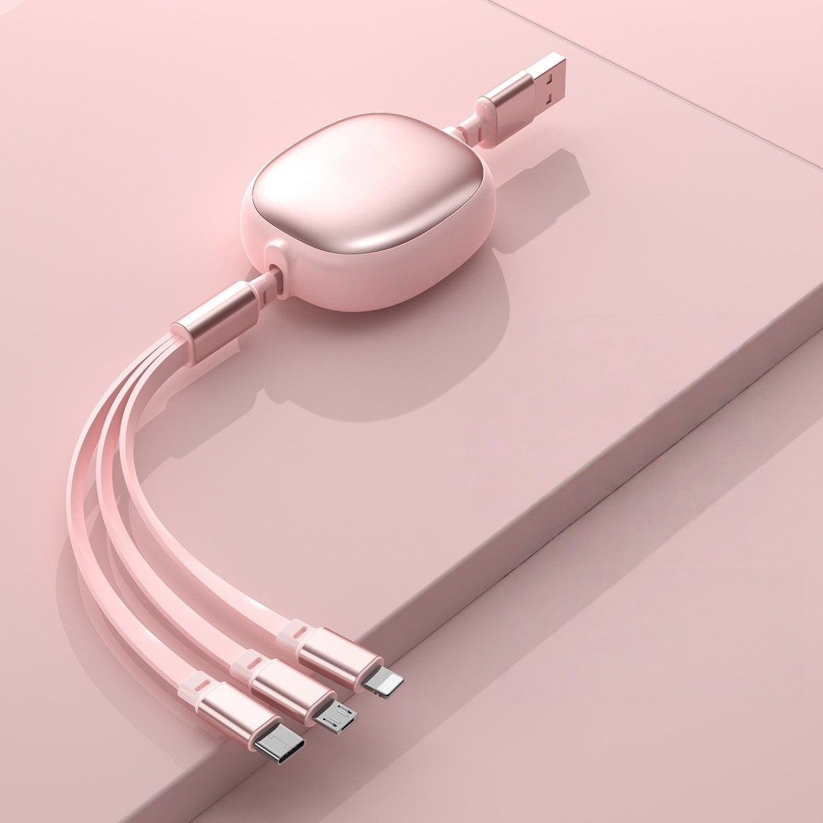 Cablu Incarcare Telefon 3 in 1, Retractabil, Conectori USB Type-C, Micro-USB si Lightning, Lungime 1.2M, Roz