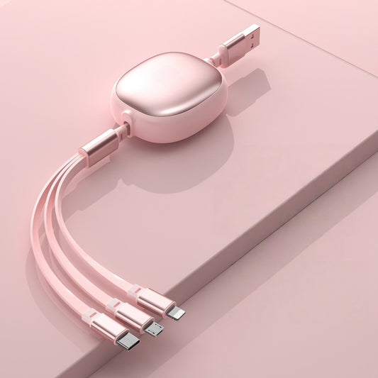 Cablu Incarcare Telefon 3 in 1, Retractabil, Conectori USB Type-C, Micro-USB si Lightning, Lungime 1.2M, Roz