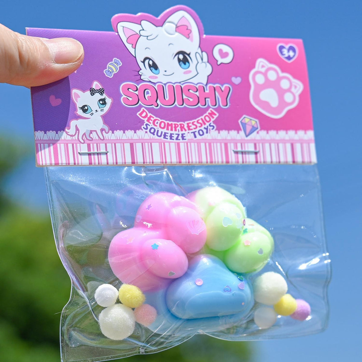 Jucarie Antistres Squishy, Labuta de Pisica Pufoasa, Revenire Lenta pentru Terapie Senzoriala, Material TPR, 7.5 cm, Multicolor