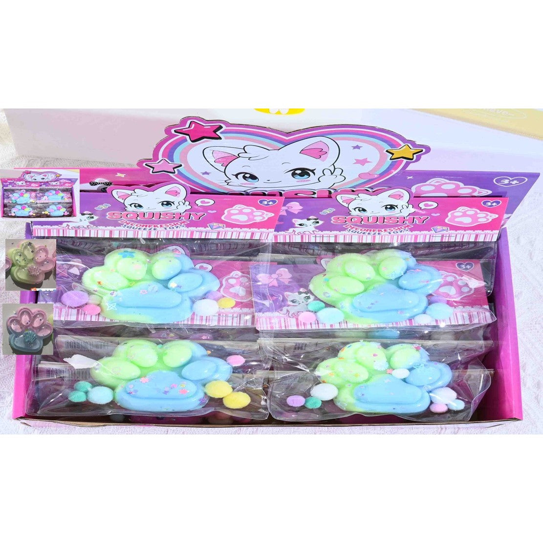 Jucarie Antistres Squishy, Labuta de Pisica Pufoasa cu Revenire Lenta, Material TPR Moale, 7.5 x 8.5 cm, Multicolor