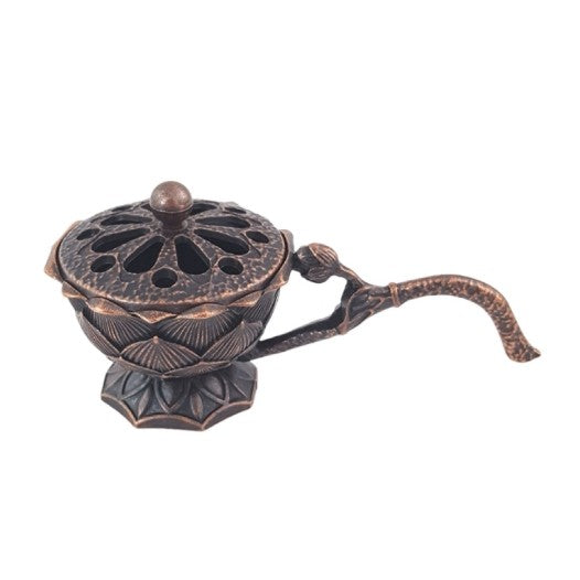 Suport Tămâie Ignifug, Arzător Aromaterapie Model Lotus cu Mâner, Aliaj de Zinc Rezistent la Temperatură, 9.7 x 4.8 x 4.7 cm, Cupru