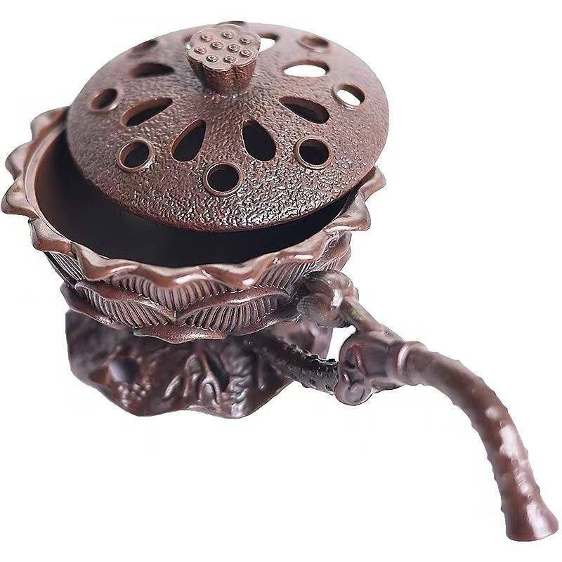 Suport Tămâie Ignifug, Arzător Aromaterapie Model Lotus cu Mâner, Aliaj de Zinc Rezistent la Temperatură, 9.7 x 4.8 x 4.7 cm, Cupru