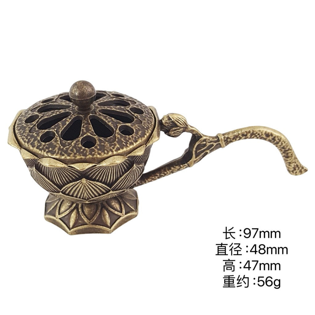Suport Pentru Tămâie Și Aromaterapie, Model Lotus Cu Mâner, Aliaj De Zinc Ignifug, 9.7 x 4.8 x 4.7 cm, Bronz