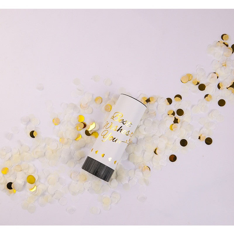 Tun de Confetti, Best Wishes, Actionare prin Rasucire Manuala, Model Buline din Hartie si Folie, Alb, 11 x 4 cm