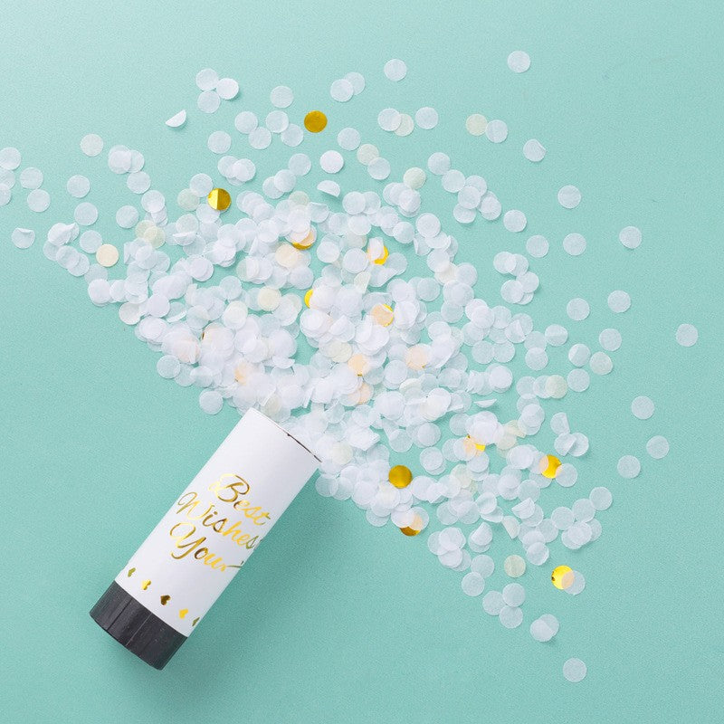 Tun de Confetti, Best Wishes, Actionare prin Rasucire Manuala, Model Buline din Hartie si Folie, Alb, 11 x 4 cm