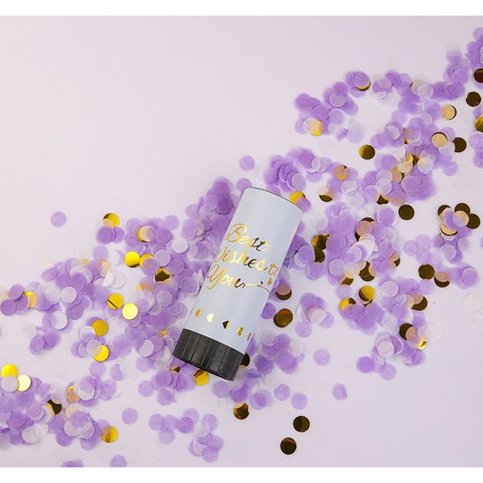Tun de Confetti Best Wishes, Actionare prin Rasucire Manuala, Model Buline din Hartie si Folie, Mov, 11 x 4 cm