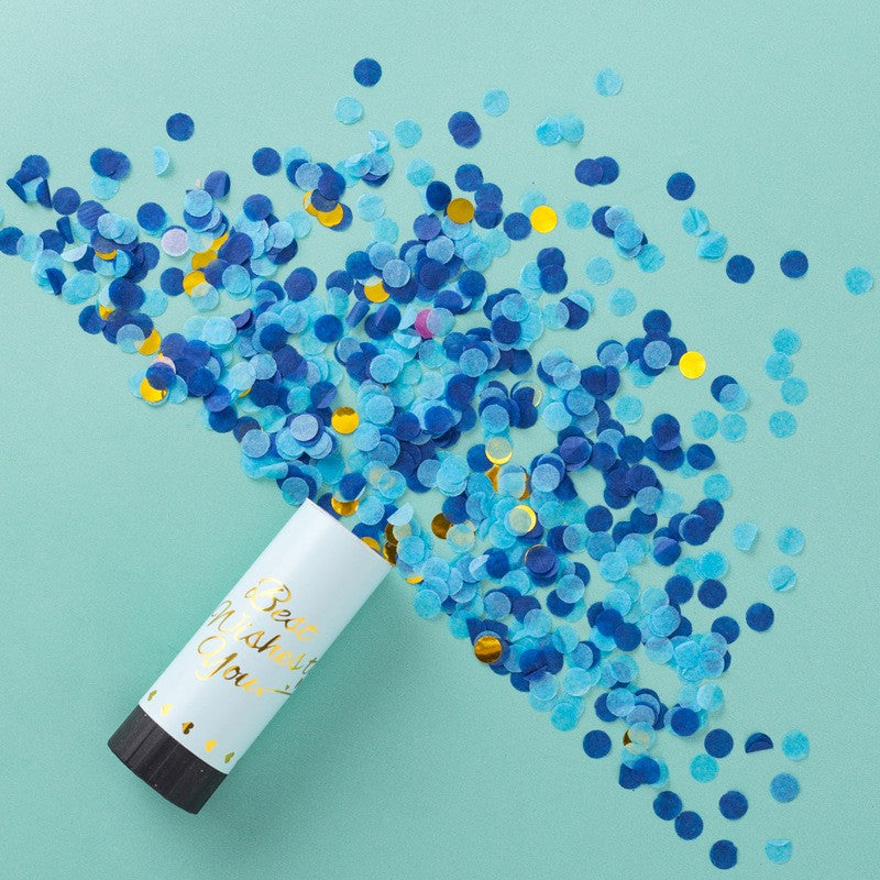 Tun de Confetti Best Wishes, Actionare Manuala prin Rasucire, Model Buline din Hartie si Folie, Albastru, 11 x 4 cm