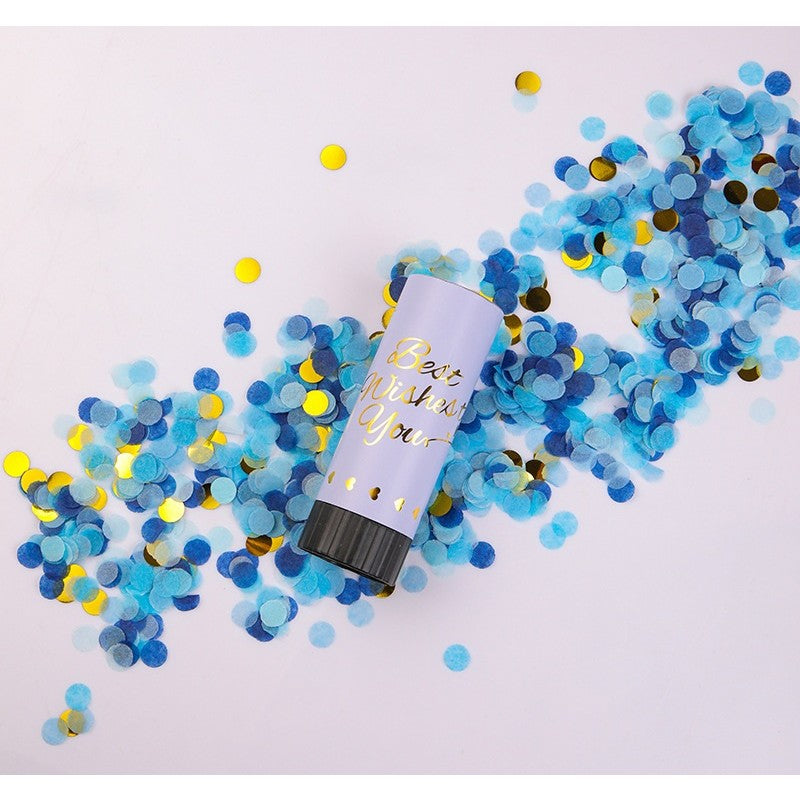 Tun de Confetti Best Wishes, Actionare Manuala prin Rasucire, Model Buline din Hartie si Folie, Albastru, 11 x 4 cm