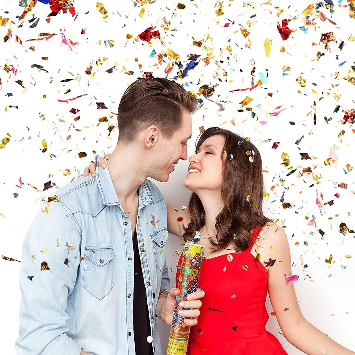 Tub de Confetti Party Popper, Tun Confetti pentru Evenimente și Nunți, Activare prin Răsucire, Aluminiu Strălucitor, Multicolor, 40x5 cm