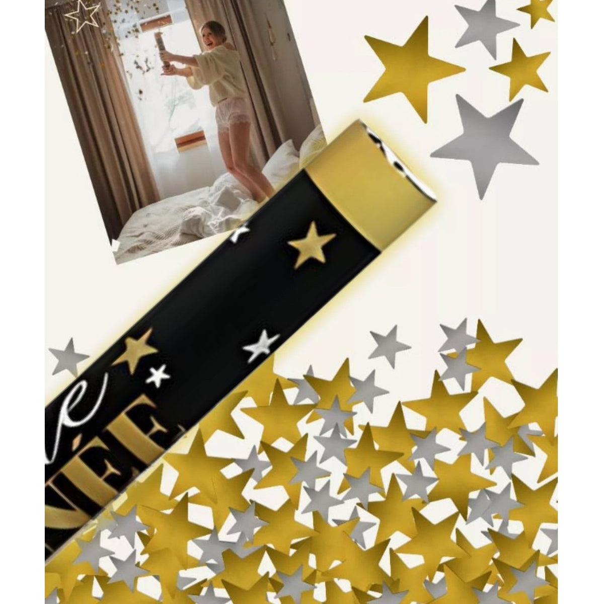 Tub de Confetti Revelion Bonne Annee, Lansator Manual cu Steluțe din Aluminiu, Activare prin Răsucire, Auriu și Argintiu, 60x5 cm