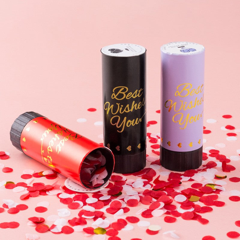 Tun de Confetti Best Wishes, Actionare prin Rasucire, Model Buline, Hartie si Folie, Rosu, 11 x 4 cm