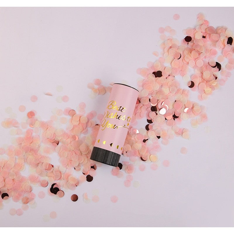 Tun de Confetti Best Wishes, Actionare prin Rasucire Manuala, Model Buline din Hartie si Folie, Roz, 11 x 4 cm