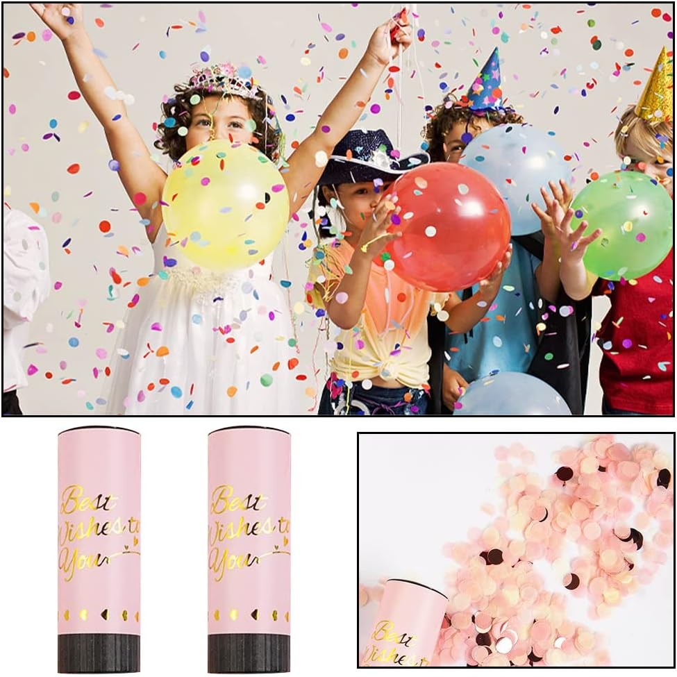Tun de Confetti Best Wishes, Actionare prin Rasucire Manuala, Model Buline din Hartie si Folie, Roz, 11 x 4 cm