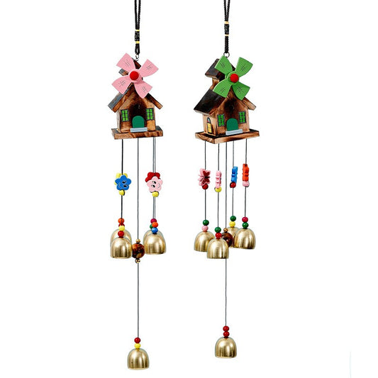 Decorațiune Grădină Moară de Vânt cu Căsuță, Clopoței de Vânt Muzicali din Alamă, Material Lemn, 45 x 50 cm, Multicolor