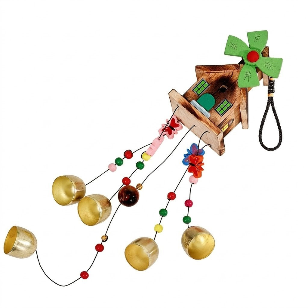 Decorațiune Grădină Moară de Vânt cu Căsuță, Clopoței de Vânt Muzicali din Alamă, Material Lemn, 45 x 50 cm, Multicolor