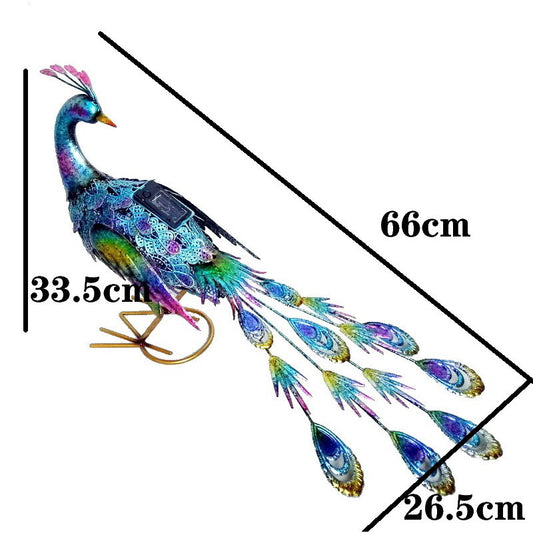 Decoratiune de Gradina cu Lampa Solara LED, Model Paun Pitic pentru Exterior, Metal Rezistent si Panou Fotovoltaic, 66 x 33.5 x 26.5 cm, Albastru Multicolor