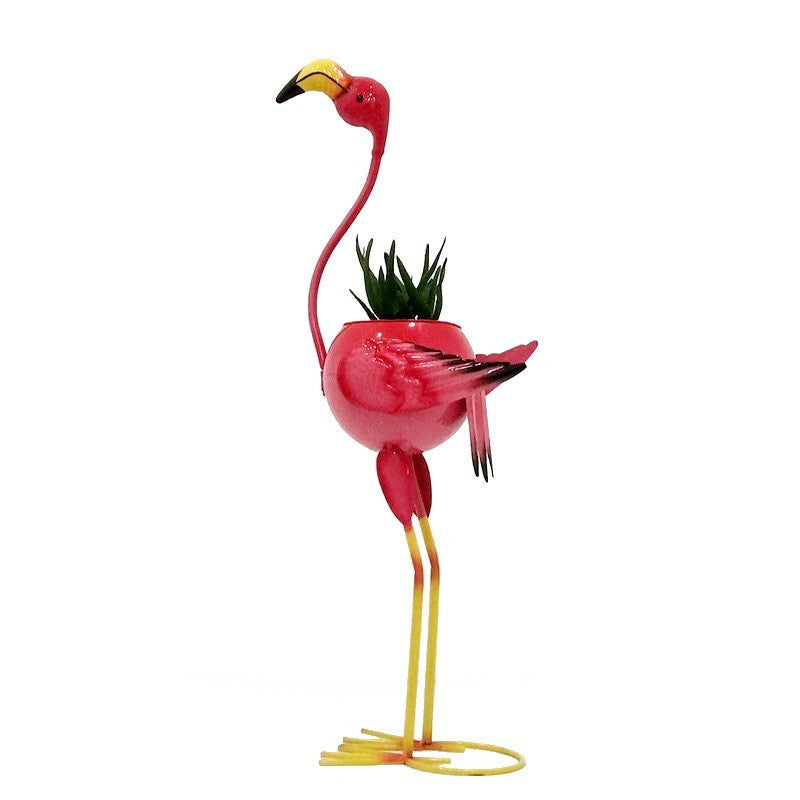 Decoratiune Gradina Flamingo cu Suport pentru Plante si Flori, Ornament Metalic pentru Ghiveci, Stil Tropical, Fier Vopsit Electrostatic, 73 x 34 x 22 cm, Roz